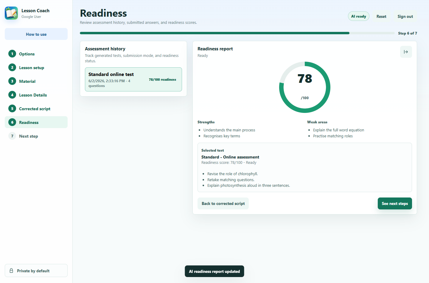 Ready Score screen